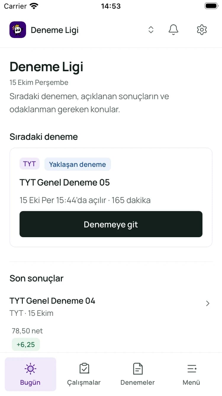 Deneme Ligi deneme ve sonuç ekranı