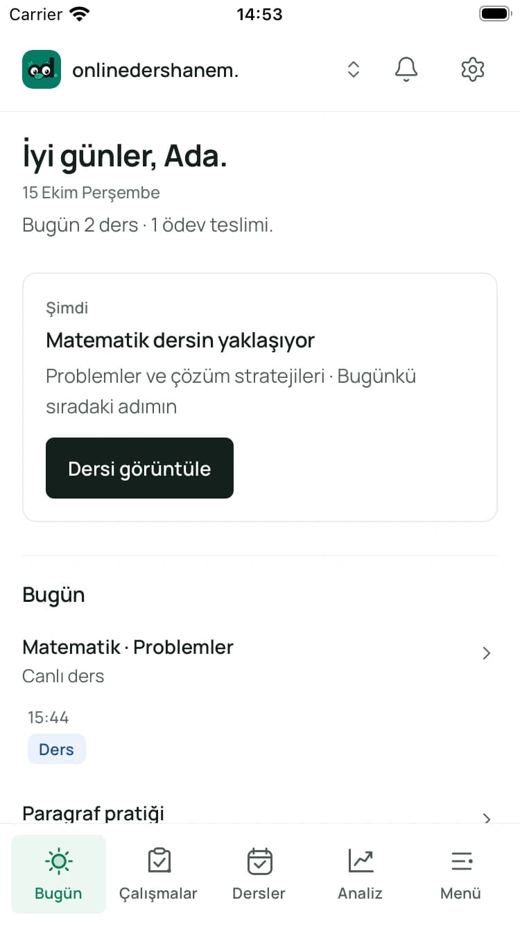 onlinedershanem ders ve çalışma ekranı