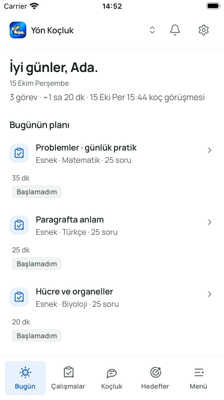 Yön Koçluk günlük plan ekranı